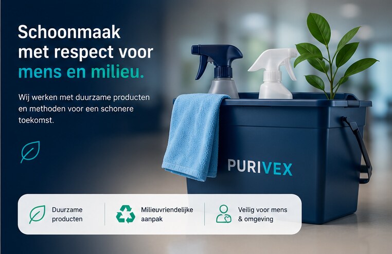 Purivex schoonmaakemmer met duurzame reinigingsmiddelen en een plant, schoonmaak met respect voor mens en milieu