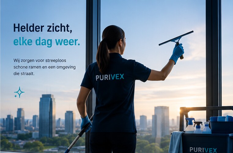 Purivex medewerker maakt streeploos de ramen schoon met uitzicht over de stad