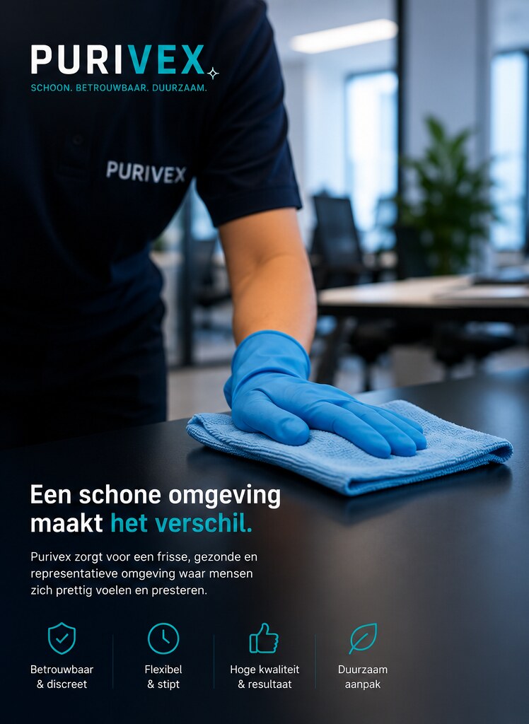 Purivex medewerker met blauwe handschoenen reinigt een bureau in een modern kantoor